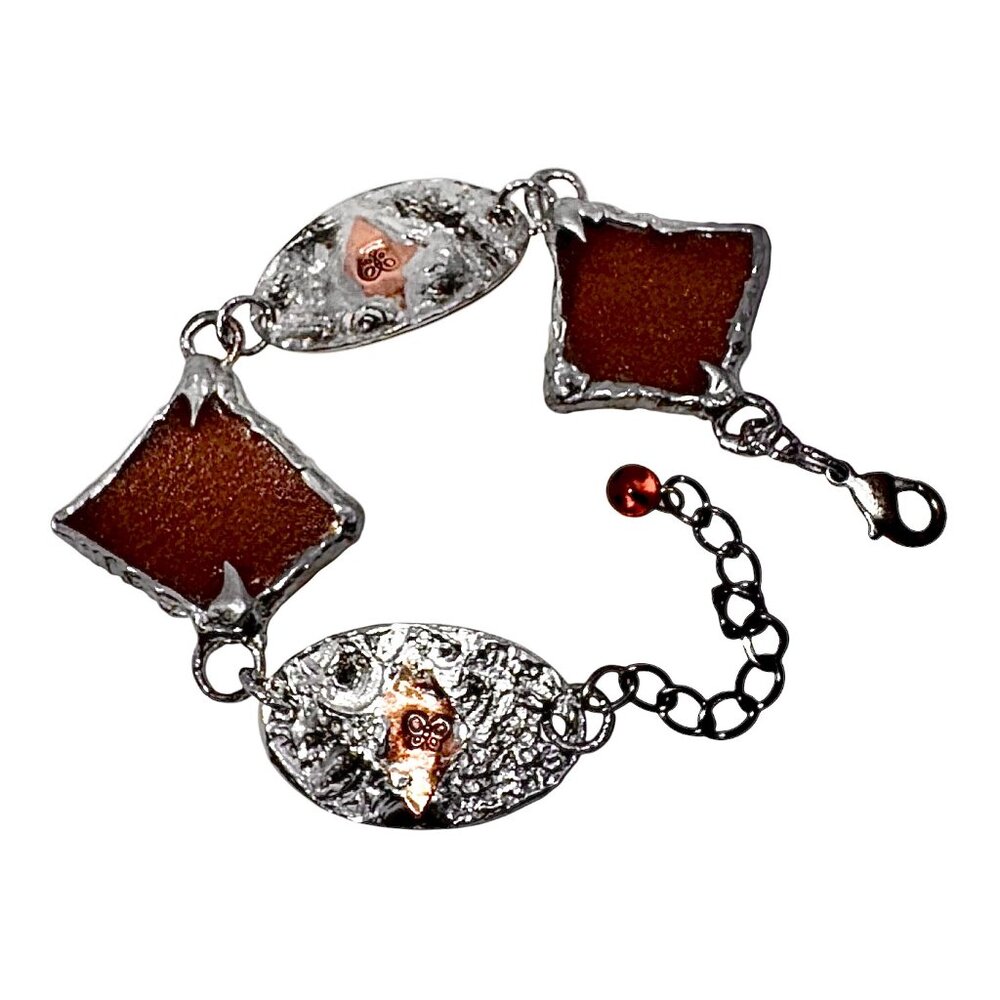 Amber Sea Glass Mixed Metals Butterfly Bracelet w/ Artisan Silver & Copper Cabs